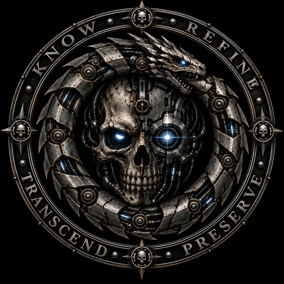 The Crimson Mechanica sigil: a mechanical ouroboros around a half-cybernetic skull, ringed by the words Know, Refine, Preserve, Transcend